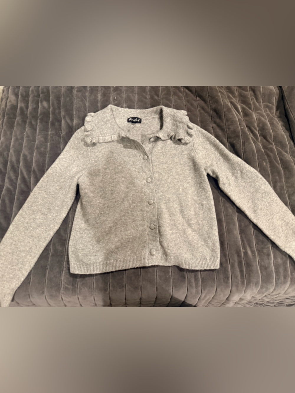 Marled Gray Ruffle-Collar Button Cardigan